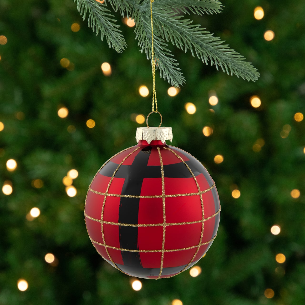 4ct. 3" Red, Black & Gold Plaid Glass Ball Ornaments